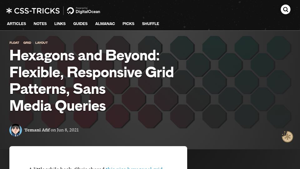Screenshot of css-tricks.com: Hexagons and Beyond: Flexible, Responsive Grid Patterns, Sans Media Queries (20