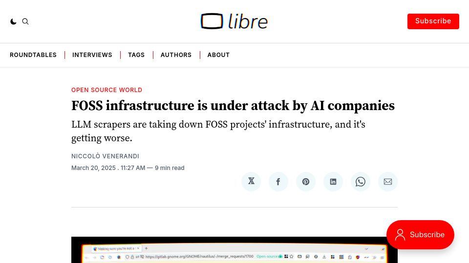 Screenshot of thelibre.news: FOSS infrastructure is under attack by AI companies