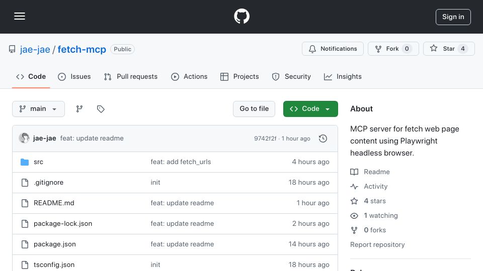 Screenshot of github.com: Fetch-MCP: Playwright-Based MCP Server with Batch URL Fetching Support