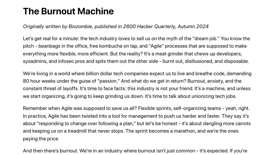 Screenshot of unionize.fyi: The Burnout Machine