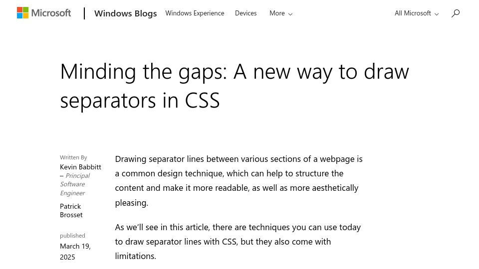Screenshot of blogs.windows.com: Minding the gaps: A new way to draw separators in CSS