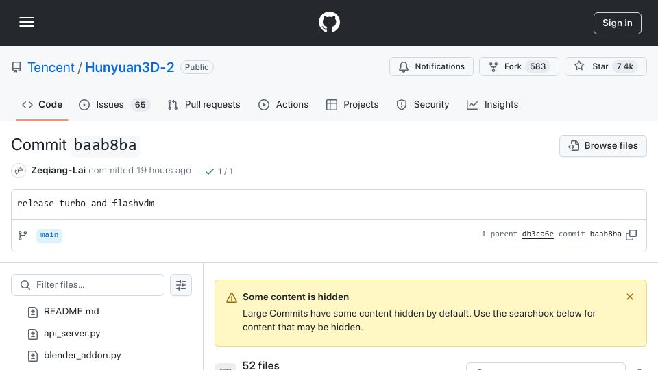 Screenshot of github.com: Hunyuan3D-2-Turbo: fast high-quality shape generation in ~1s on a 4090