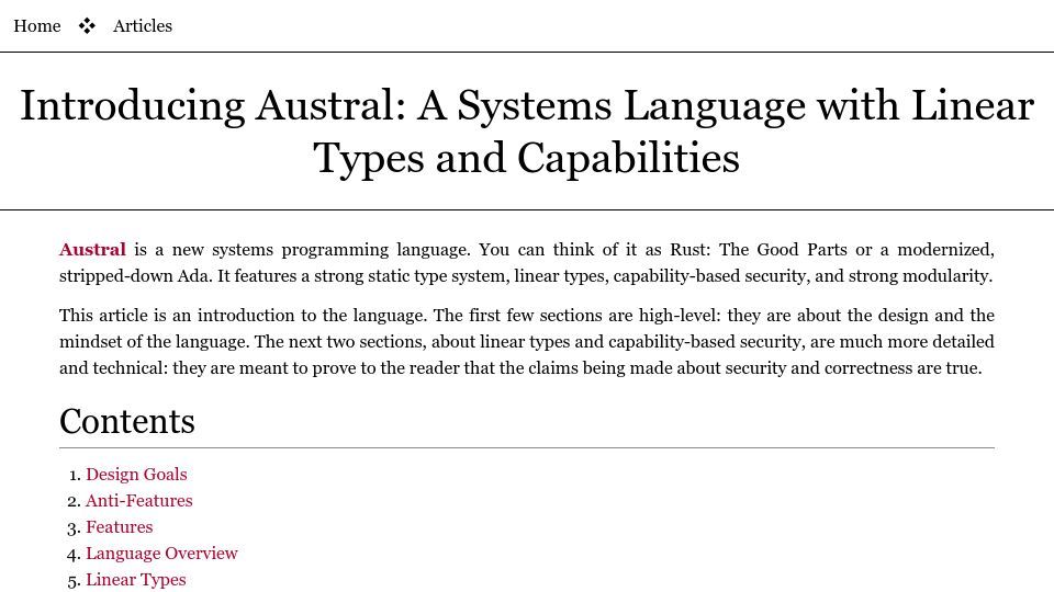 Screenshot of borretti.me: Austral: A Systems Language with Linear Types and Capabilities (2022)
