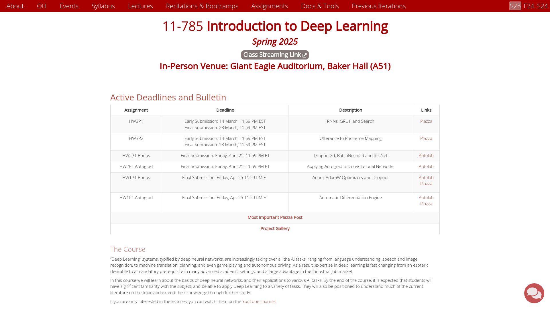 Screenshot of deeplearning.cs.cmu.edu: Introduction to Deep Learning (CMU)