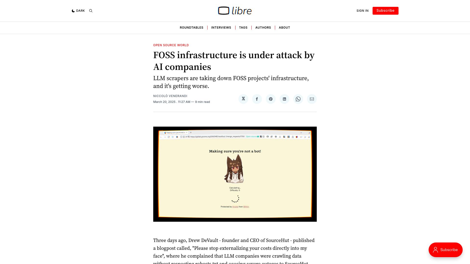 Screenshot of thelibre.news: FOSS infrastructure is under attack by AI companies
