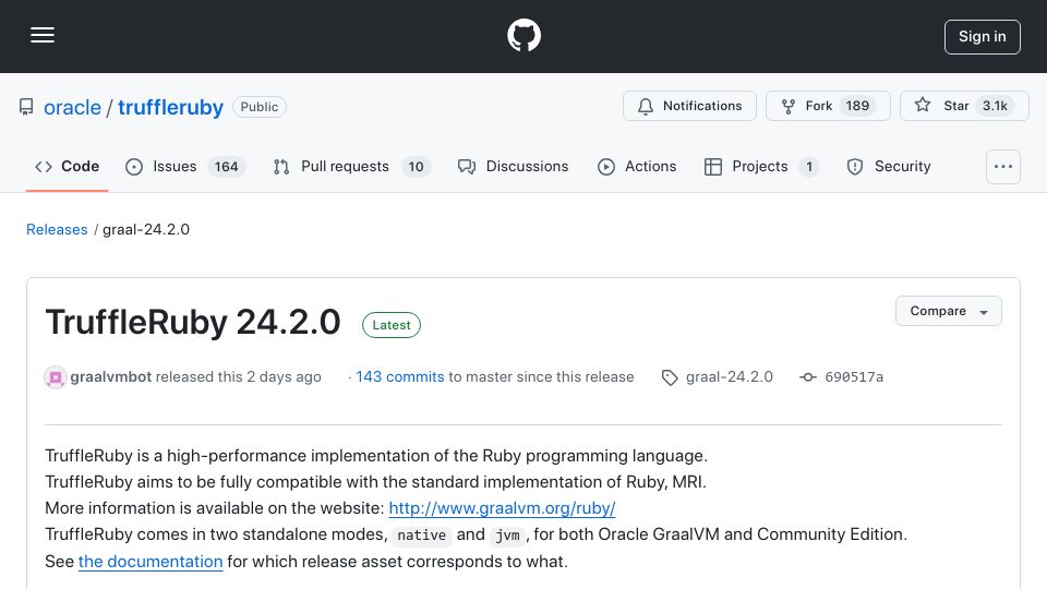 Screenshot of github.com: TruffleRuby 24.2.0