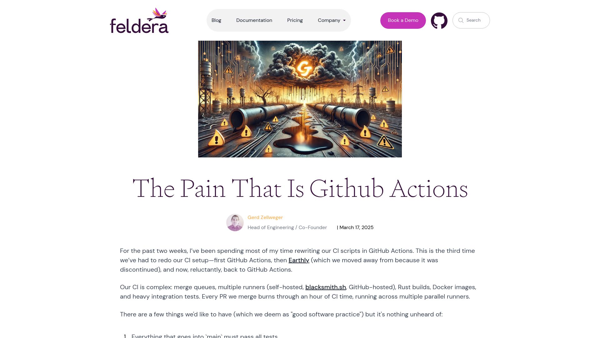 Screenshot of feldera.com: The Pain That Is GitHub Actions