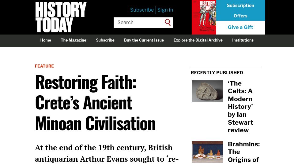 Screenshot of historytoday.com: Restoring Faith: Crete's Ancient Minoan Civilisation (2009)