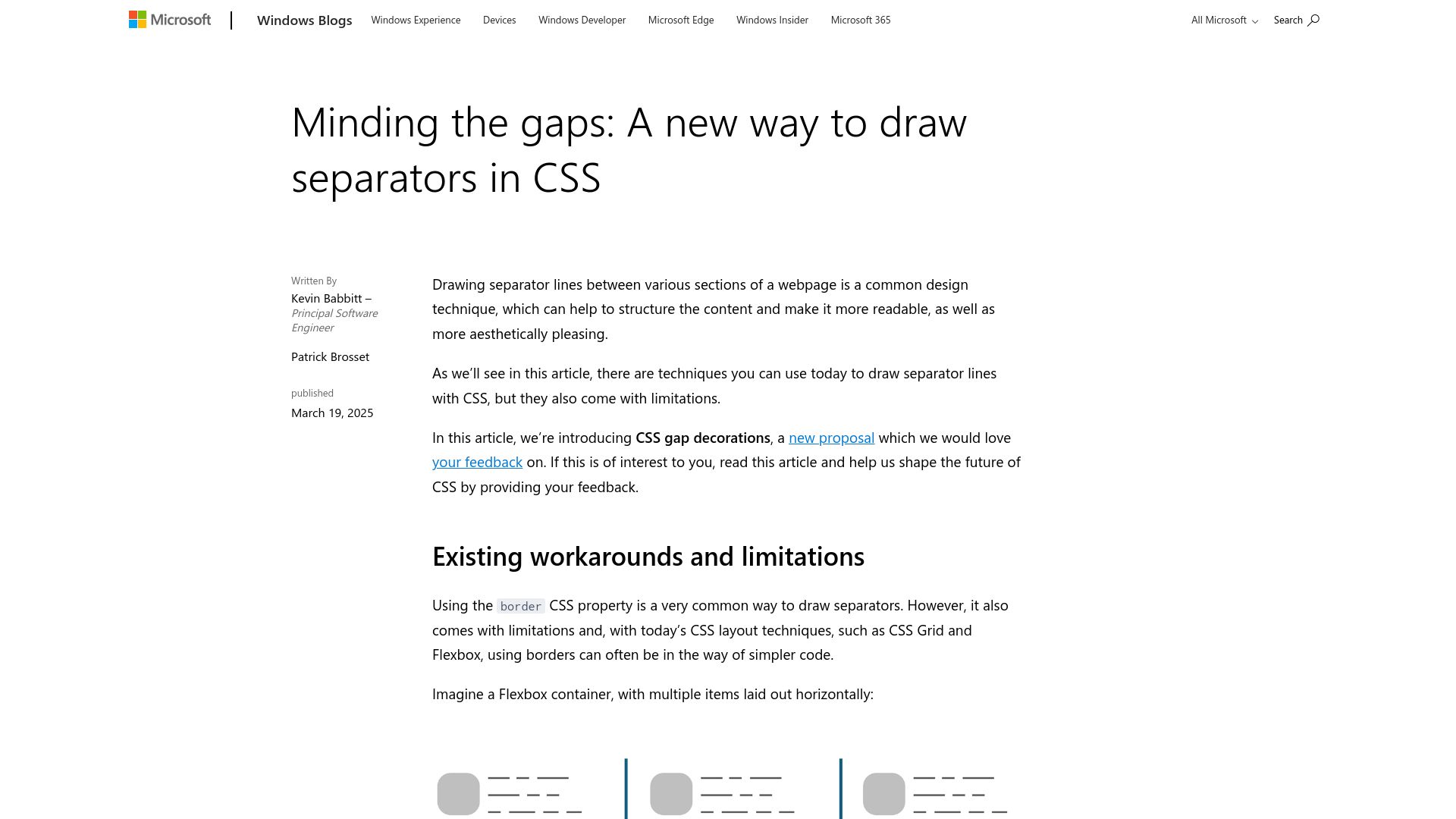 Screenshot of blogs.windows.com: Minding the gaps: A new way to draw separators in CSS