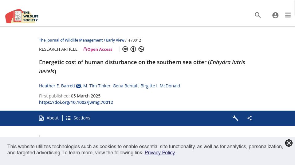 Screenshot of wildlife.onlinelibrary.wiley.com: Energetic cost of human disturbance on the southern sea otter