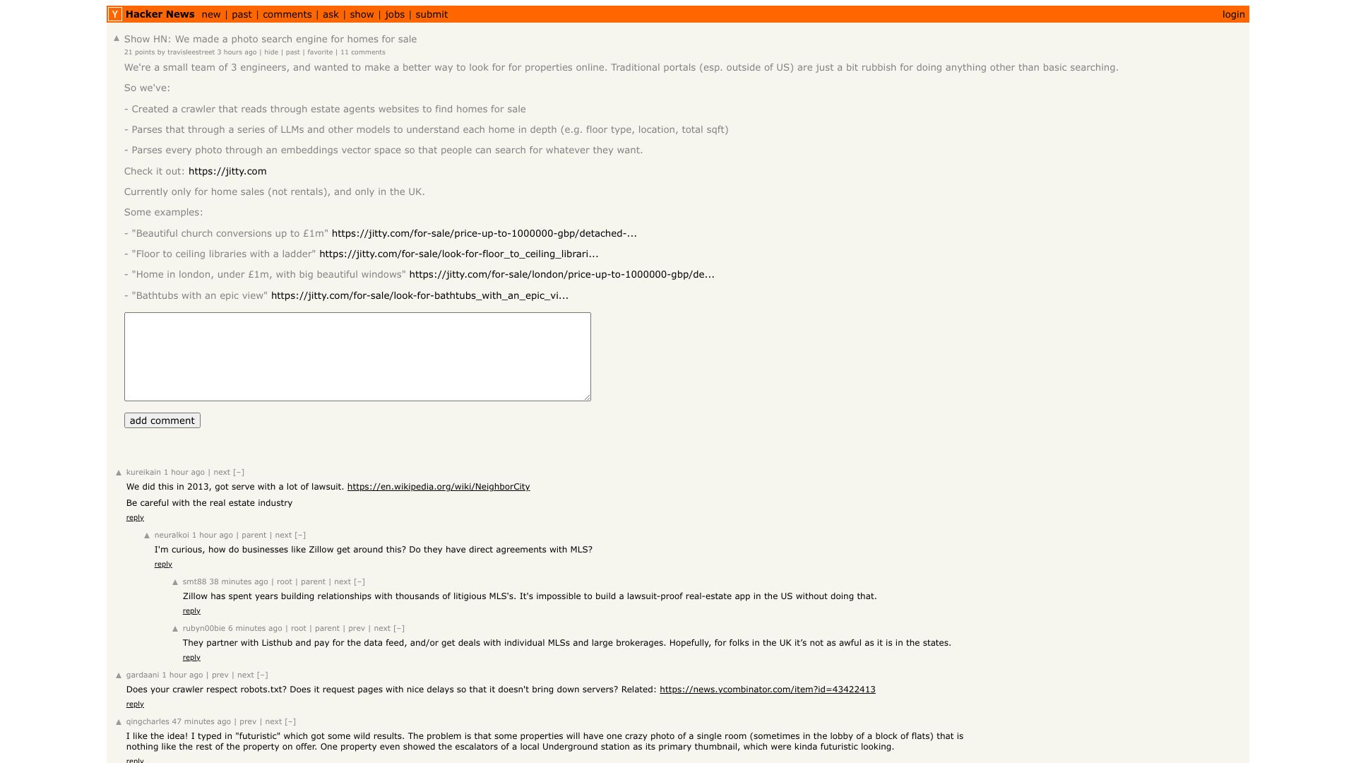 Screenshot of this Hacker News post: Show HN: We made a photo search engine for homes for sale