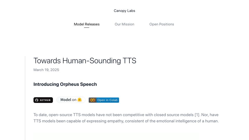 Screenshot of canopylabs.ai: Orpheus-3B – Emotive TTS by Canopy Labs