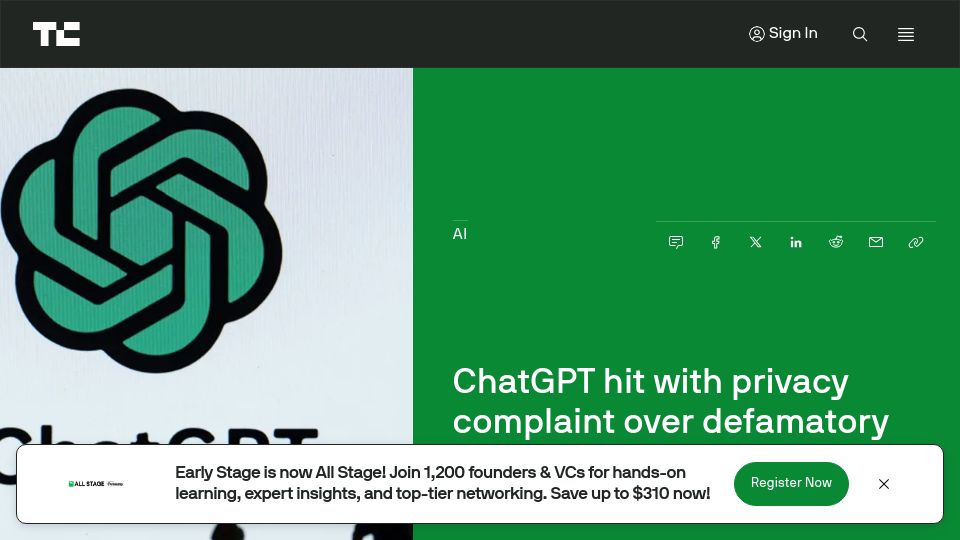 Screenshot of techcrunch.com: ChatGPT hit with privacy complaint over defamatory hallucinations