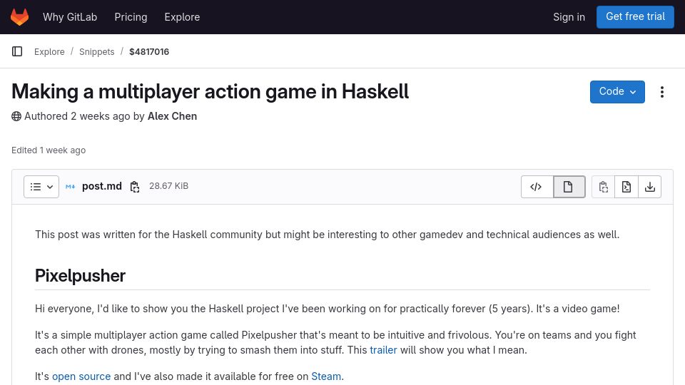Screenshot of gitlab.com: Making a multiplayer action game in Haskell