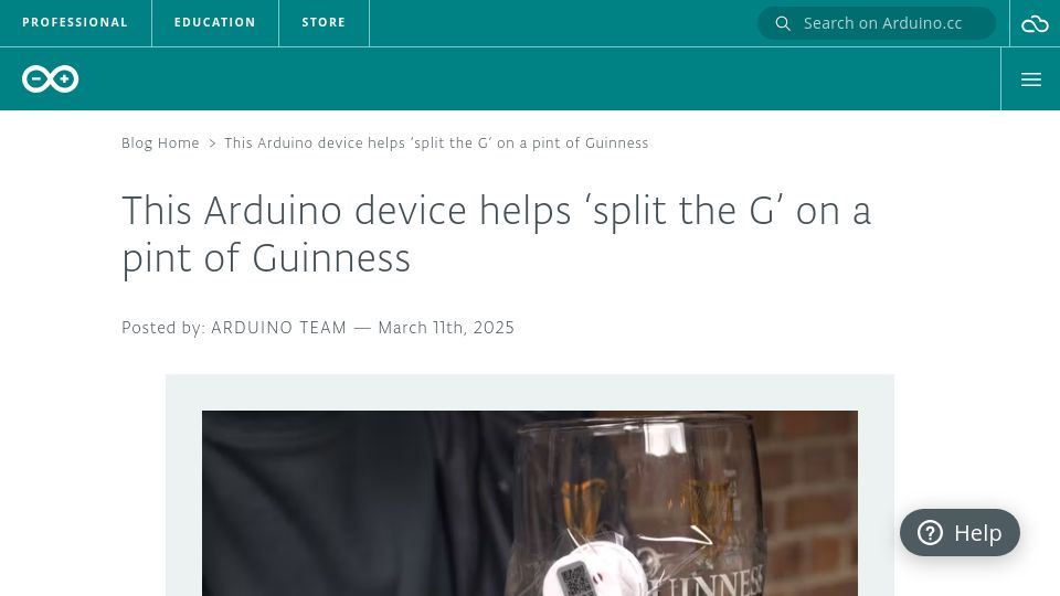 Screenshot of blog.arduino.cc: Arduino device helps 'split the G' on a pint of Guinness