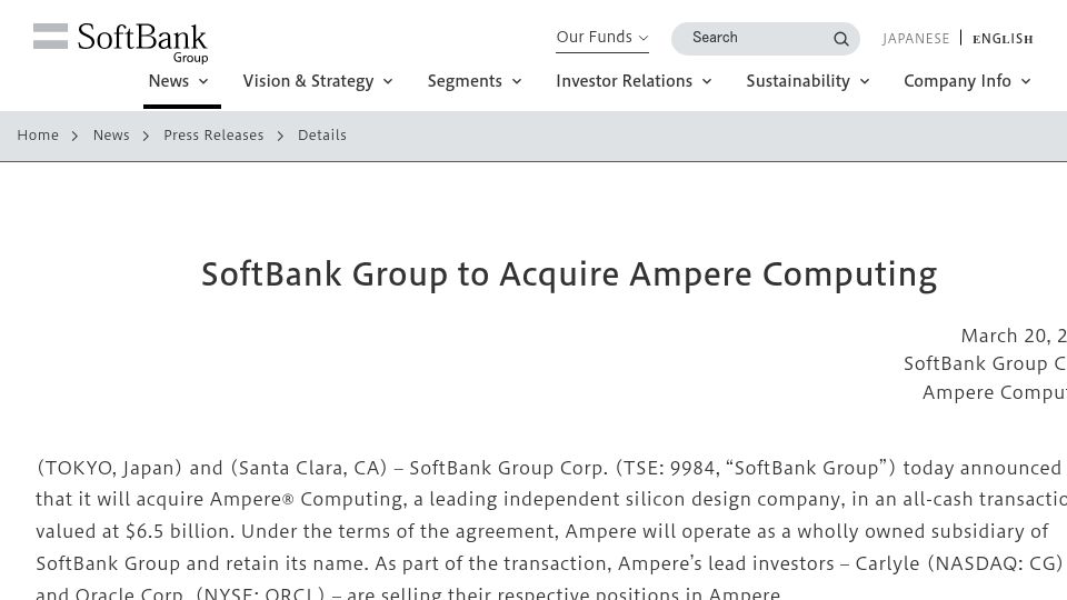 Screenshot of group.softbank: SoftBank Group to Acquire Ampere Computing for 6.5B