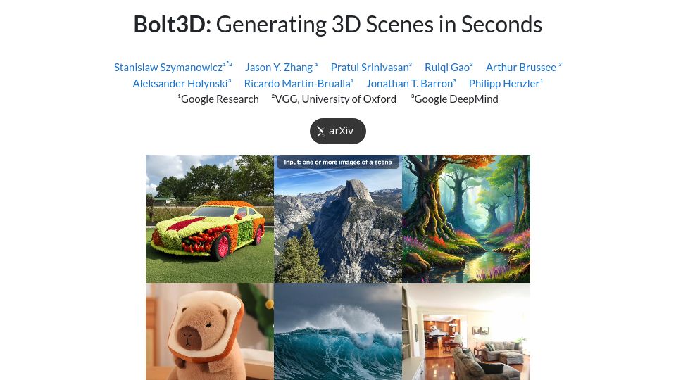 Screenshot of szymanowiczs.github.io: Bolt3D: Generating 3D Scenes in Seconds