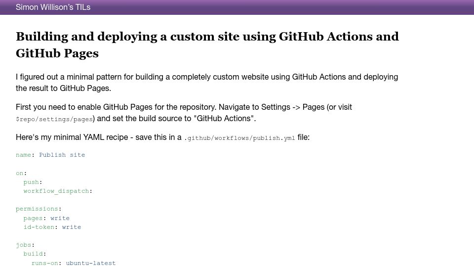 Screenshot of til.simonwillison.net: Building and deploying a custom site using GitHub Actions and GitHub Pages