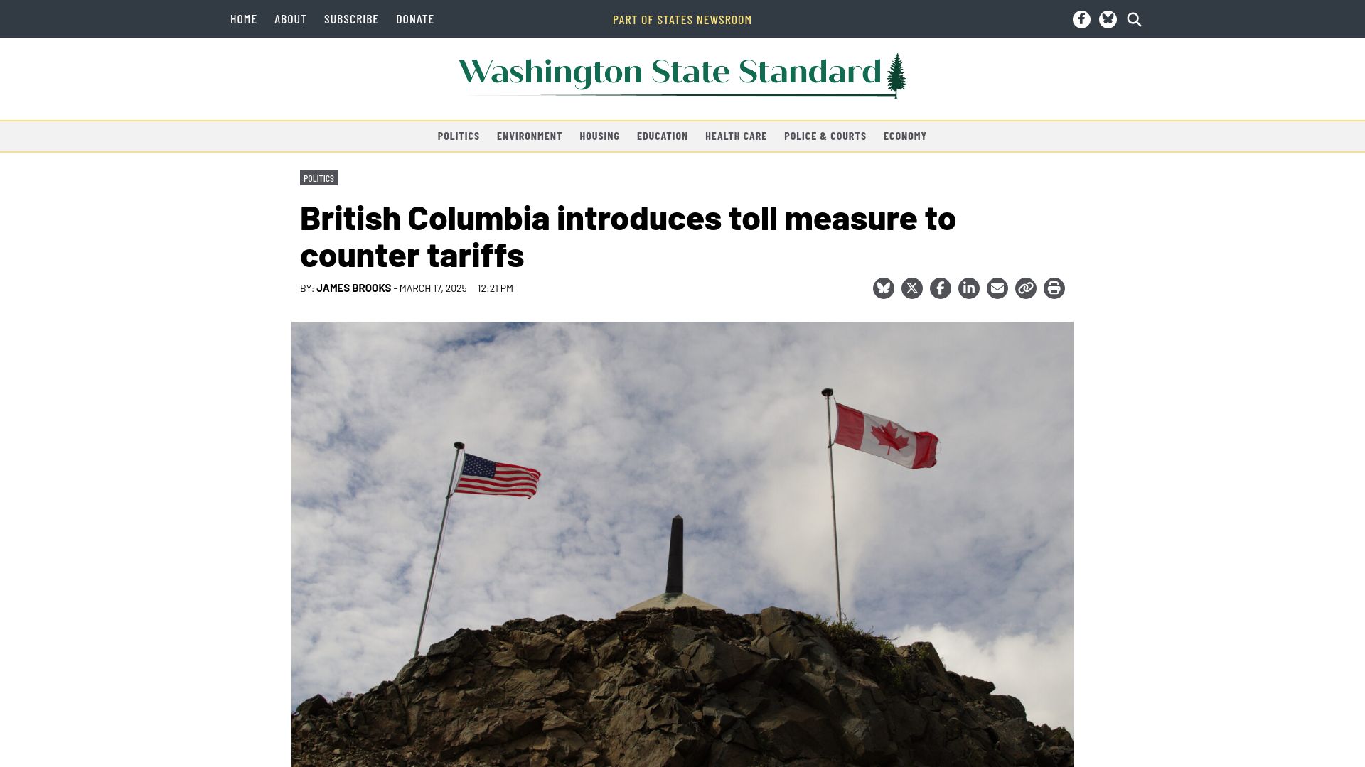 Screenshot of washingtonstatestandard.com: Canada considering charging for road access from USA to Alaska