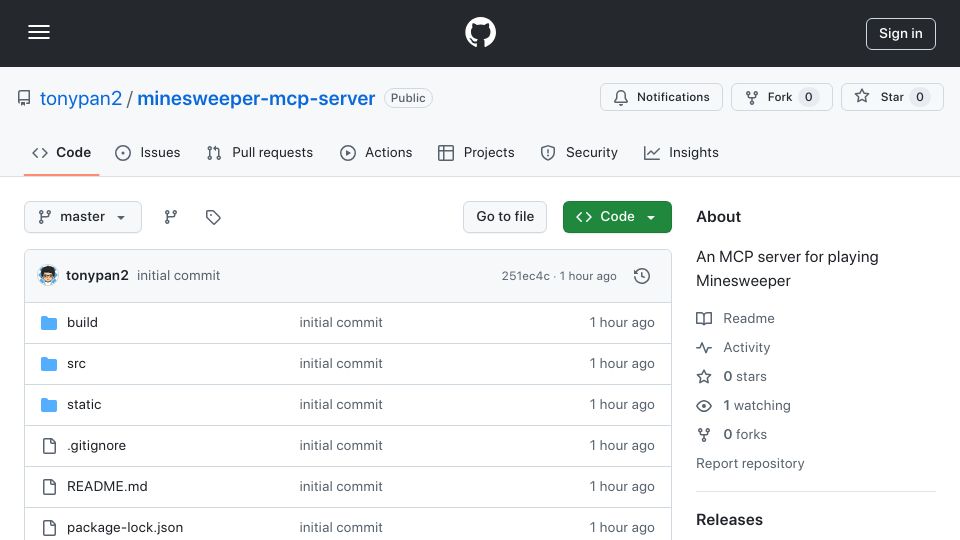 Screenshot of github.com: Show HN: I built a MCP server so Claude can play Minesweeper