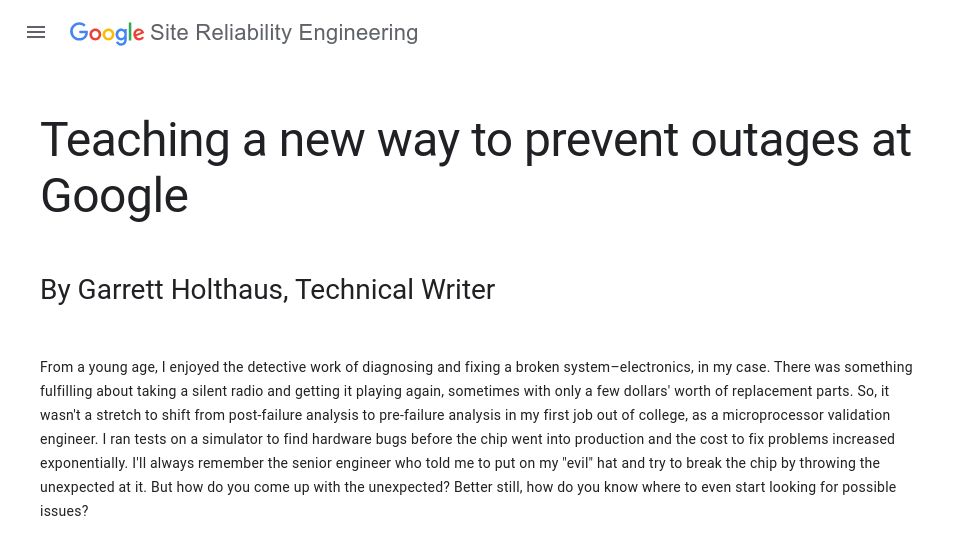 Screenshot of sre.google: Teaching a new way to prevent outages at Google