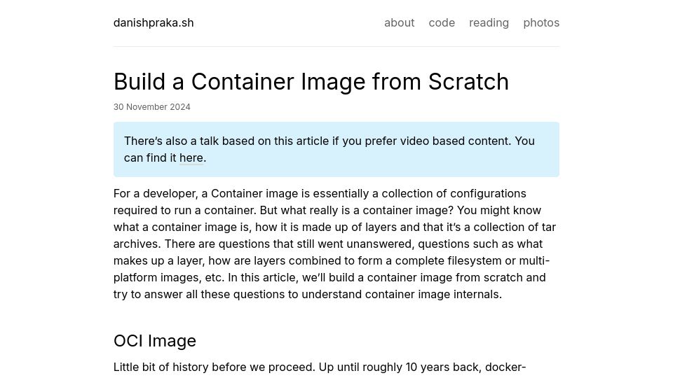 Screenshot of danishpraka.sh: Build a Container Image from Scratch