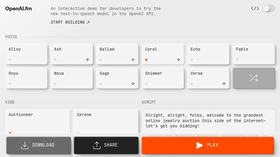 Screenshot of openai.fm: OpenAI Audio Models