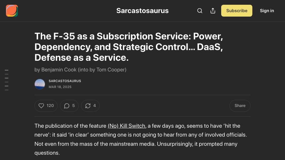 Screenshot of xxtomcooperxx.substack.com: The F-35 as a Subscription Service
