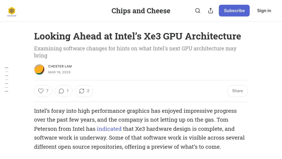 Screenshot of chipsandcheese.com: Looking Ahead at Intel's Xe3 GPU Architecture