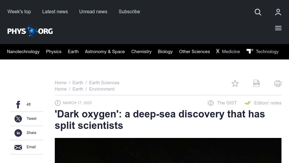 Screenshot of phys.org: 'Dark oxygen': a deep-sea discovery that has split scientists