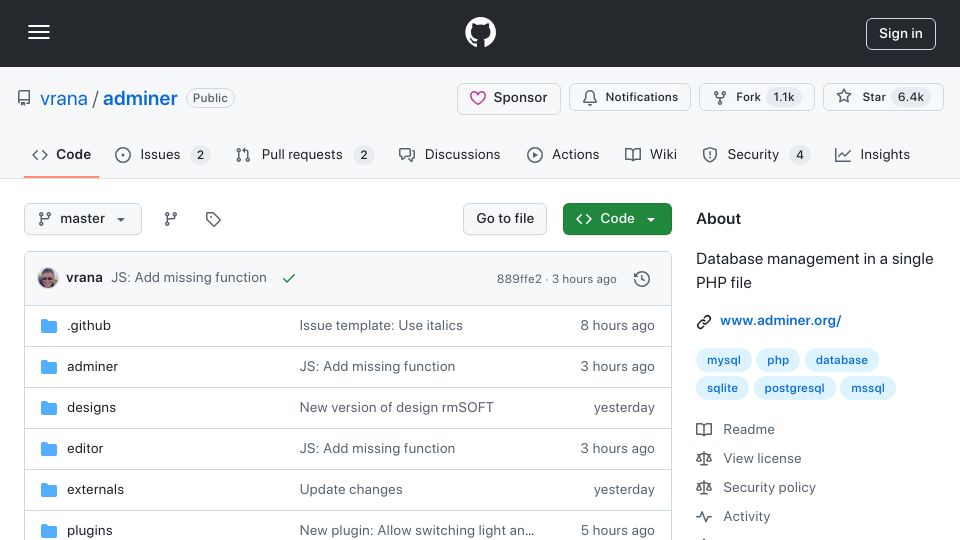 Screenshot of github.com: Database management in a single PHP file