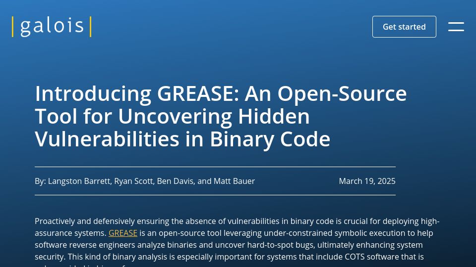 Screenshot of galois.com: Grease: An Open-Source Tool for Uncovering Hidden Vulnerabilities in Binary Code