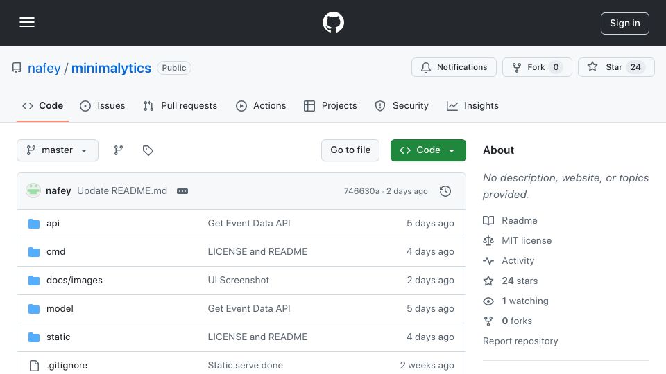 Screenshot of github.com: Show HN: Minimalytics – a standalone minimal analytics app built on SQLite