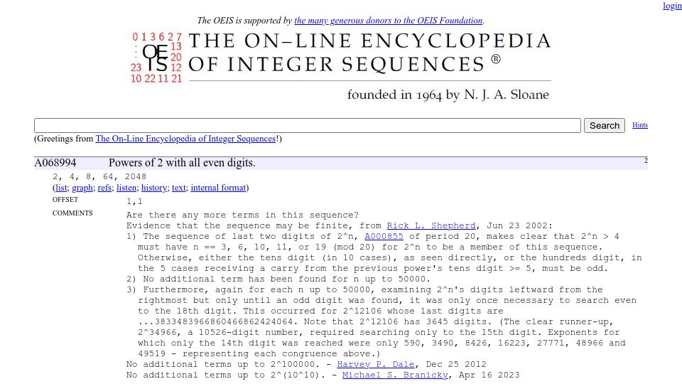 Screenshot of oeis.org: Powers of 2 with all even digits