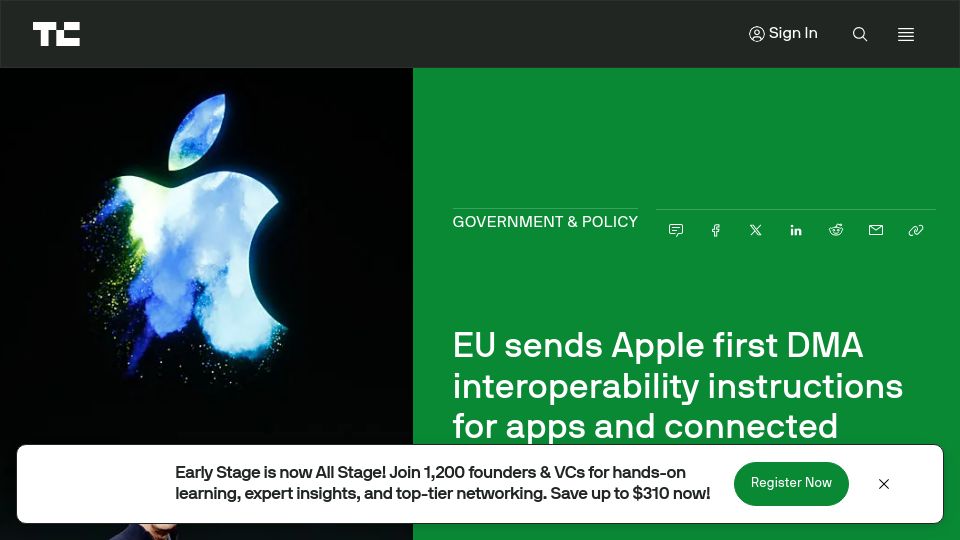 Screenshot of techcrunch.com: EU sends Apple first DMA interoperability instructions for apps and devices
