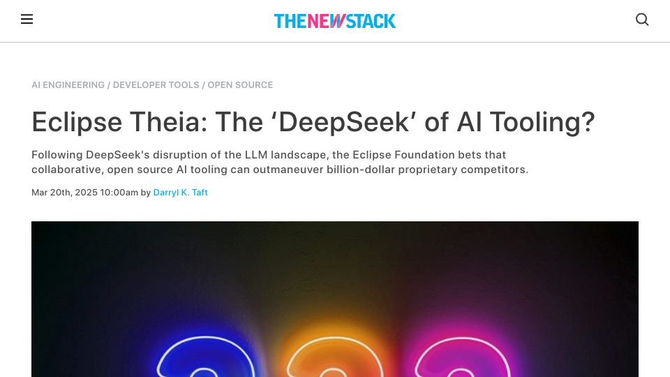Screenshot of thenewstack.io: Eclipse Theia: The 'DeepSeek' of AI Tooling?