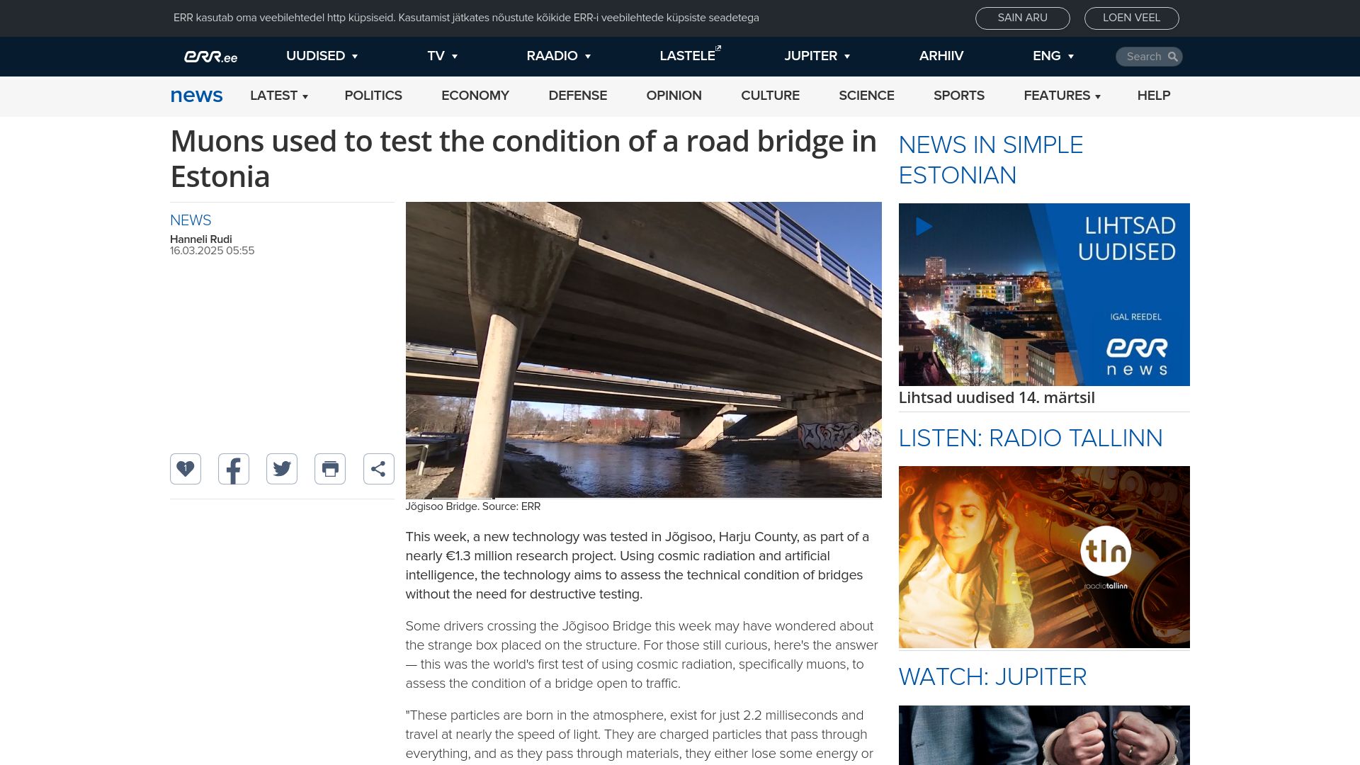 Screenshot of news.err.ee: Muons used to test the condition of a road bridge in Estonia