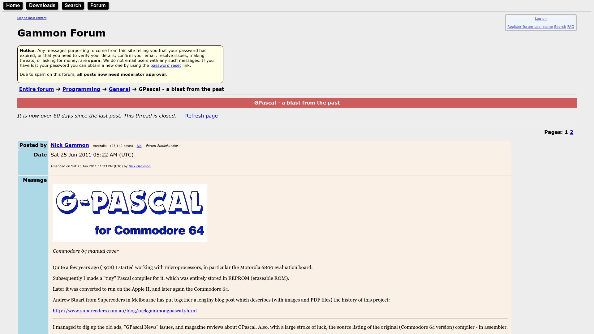Screenshot of gammon.com.au: GPascal – A Blast from the Past (2011)