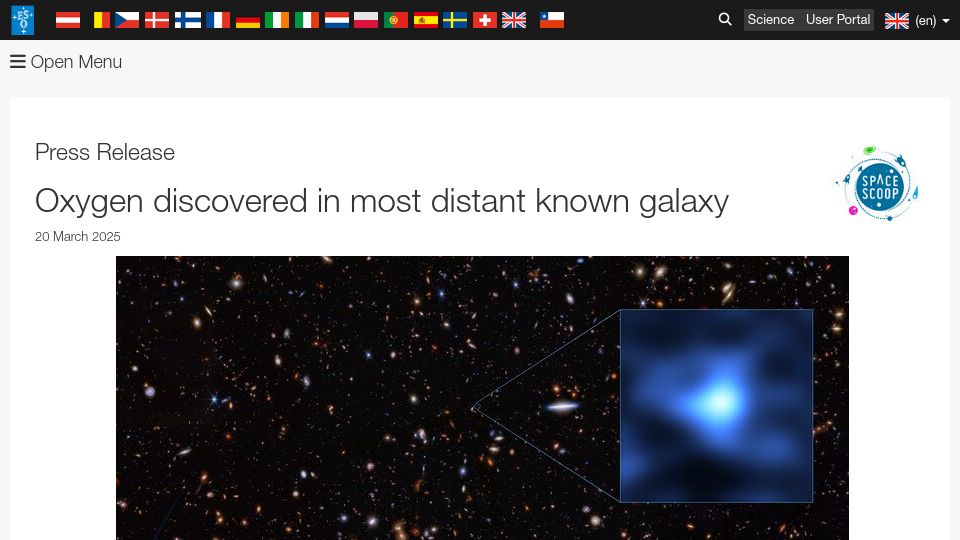 Screenshot of eso.org: Oxygen discovered in most distant known galaxy