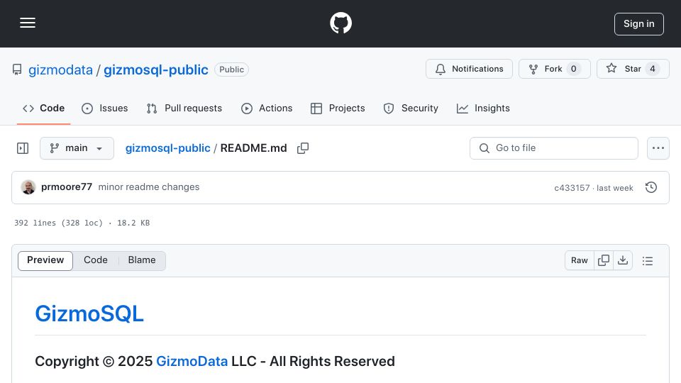Screenshot of github.com: Show HN: GizmoSQL – Run DuckDB as a Server with Arrow Flight SQL