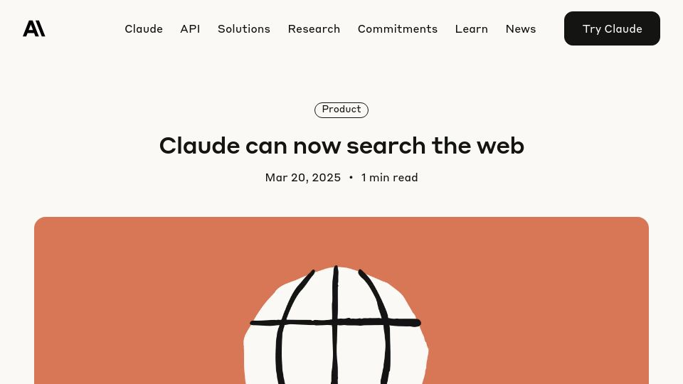 Screenshot of anthropic.com: Claude can now search the web