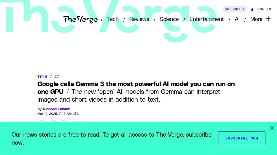 Screenshot of theverge.com: Google calls Gemma 3 the most powerful AI model you can run on one GPU