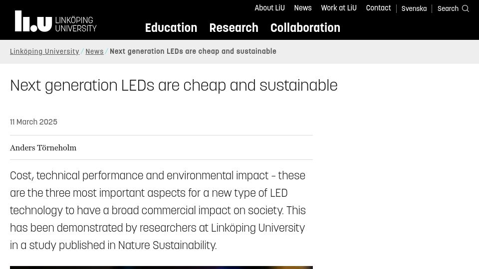 Screenshot of liu.se: Next generation LEDs are cheap and sustainable