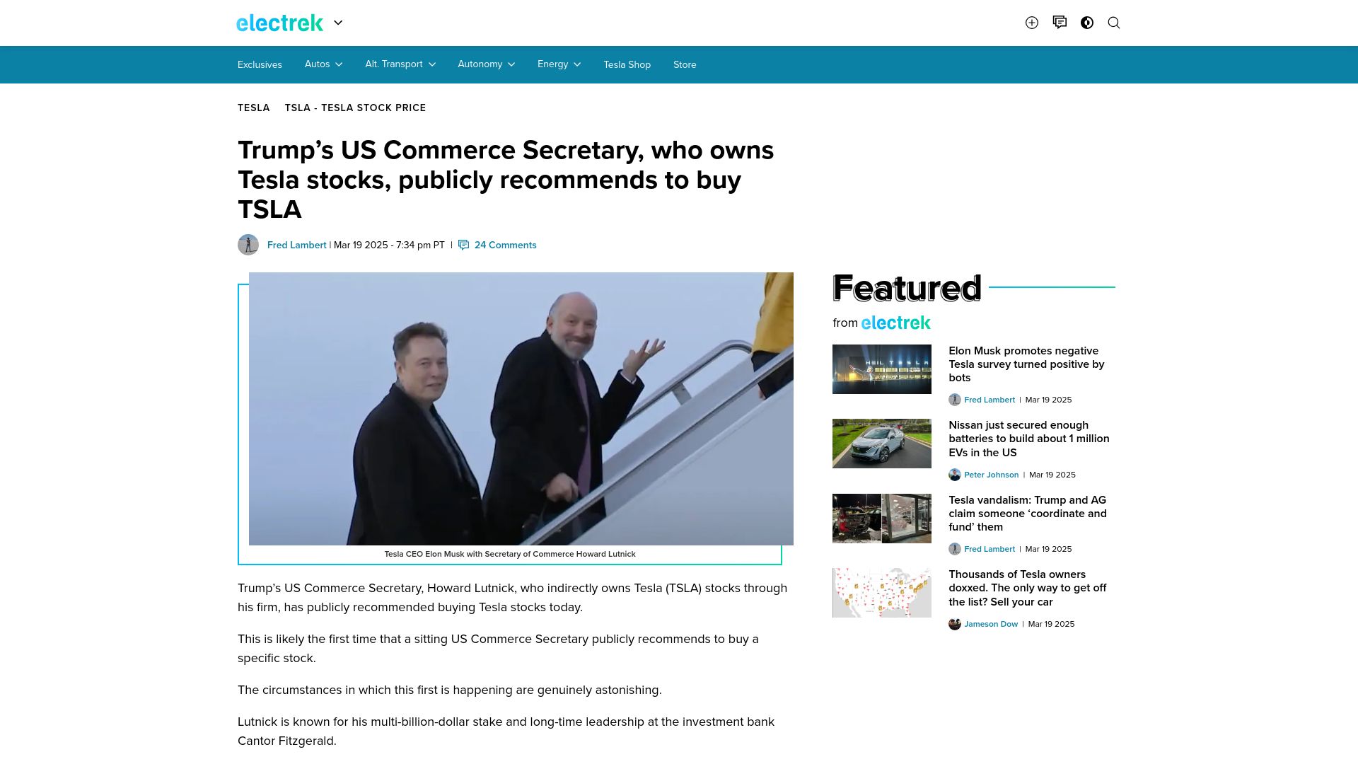 Screenshot of electrek.co: Trump's US Commerce Secretary publicly recommends to buy TSLA