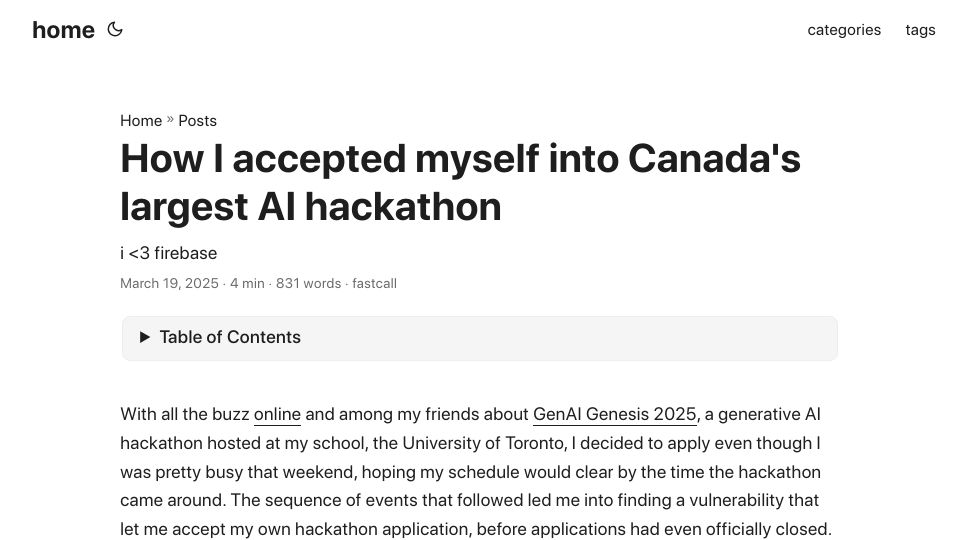 Screenshot of fastcall.dev: How I accepted myself into Canada's largest AI hackathon