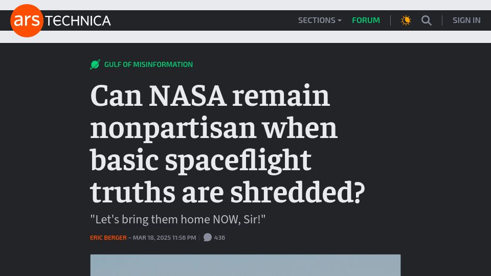 Screenshot of arstechnica.com: Can NASA remain nonpartisan when basic spaceflight truths are shredded?