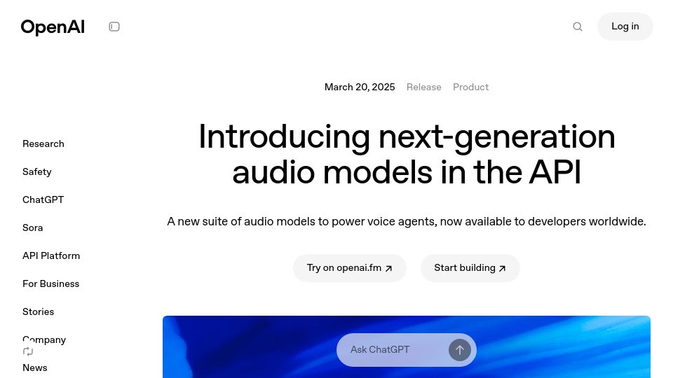 Screenshot of openai.com: Next-generation audio models in the API
