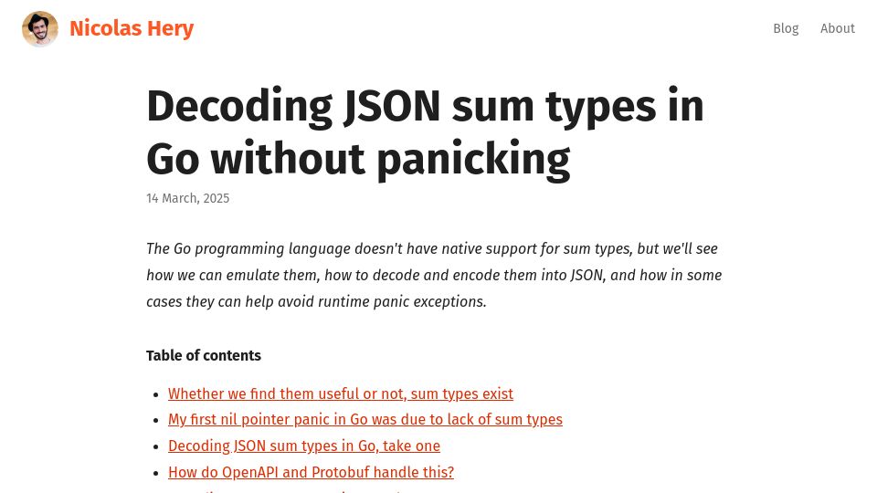 Screenshot of nicolashery.com: Decoding JSON sum types in Go without panicking