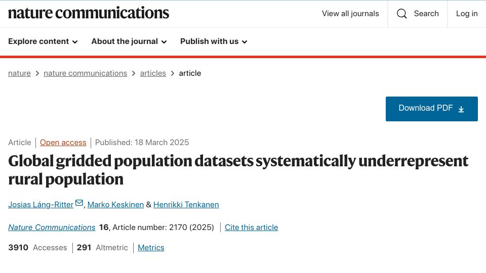 Screenshot of nature.com: Global population datasets underrepresent rural population