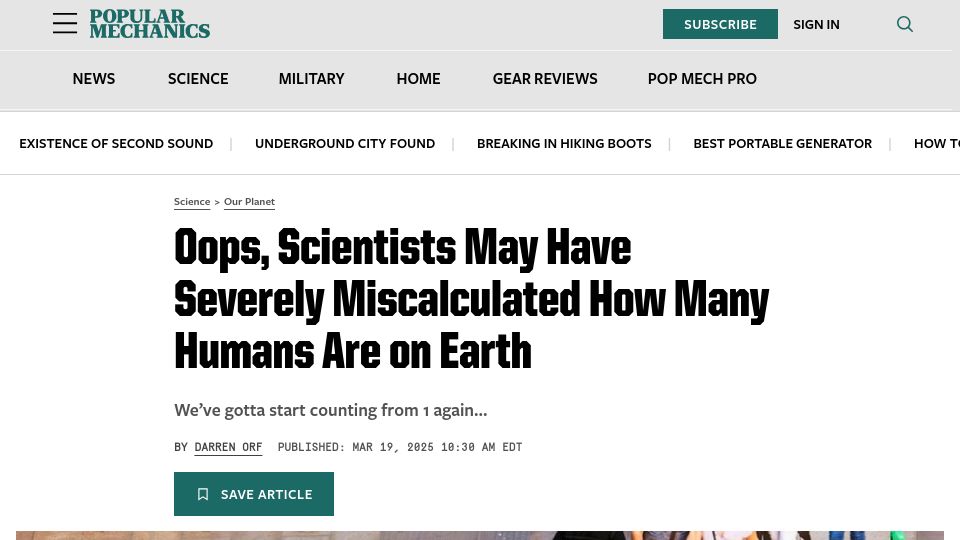 Screenshot of popularmechanics.com: Population much more than 8.2B, rural areas underestimated